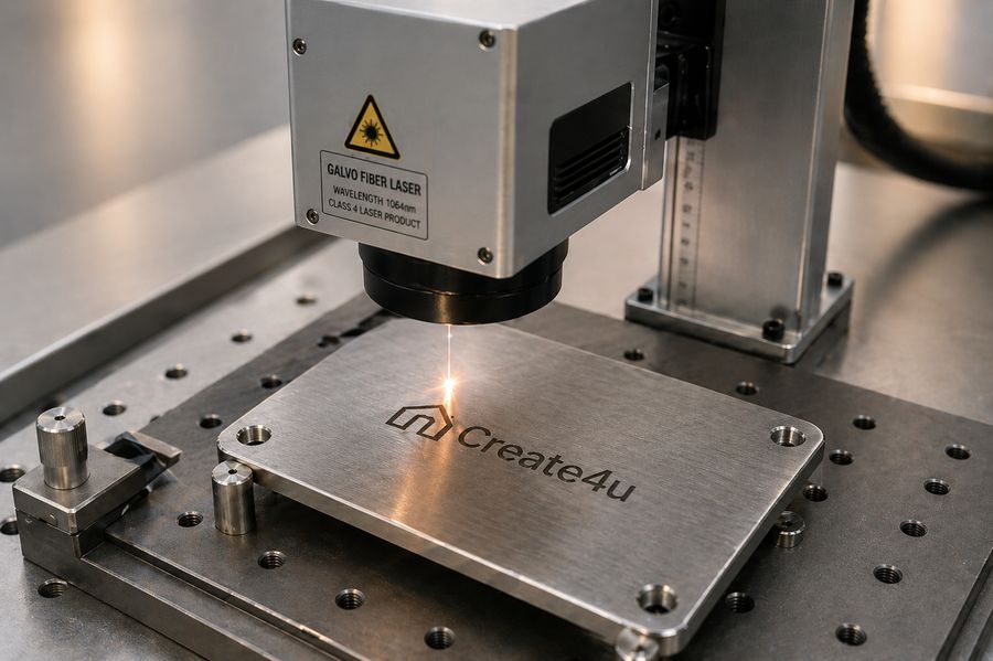 Galvo fiber laser při gravírování kovového štítku Create4u